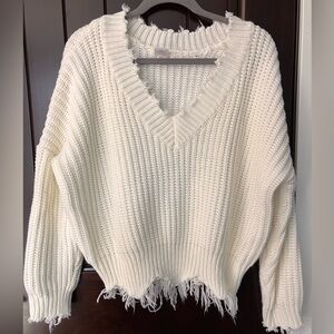 Main Strip Distressed V-Neck Chunky Knit Sweater